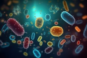 Rendered image of colorful microbes